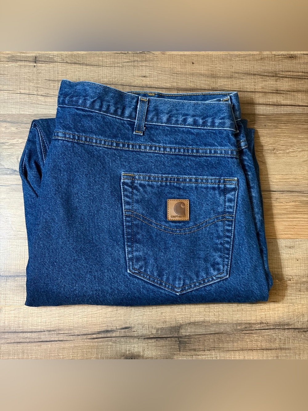 Carhartt 46x32 Relaxed Blue Denim Jeans with Leather Logo Patch topstitching EUC